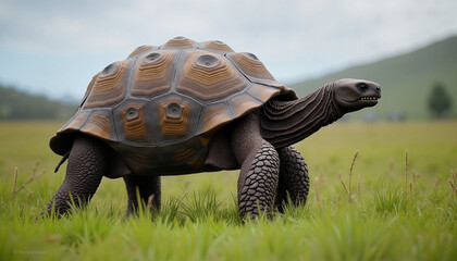 Fototapeta premium Turtle crawling on green grass field 