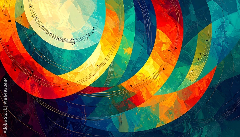 Poster vibrant abstract design with swirling colors and musical notes, showcasing a dynamic composition of 