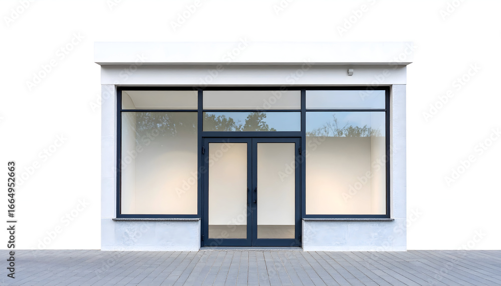 Poster modern empty shop storefront with large glass windows and double doors, isolated on a white backgrou