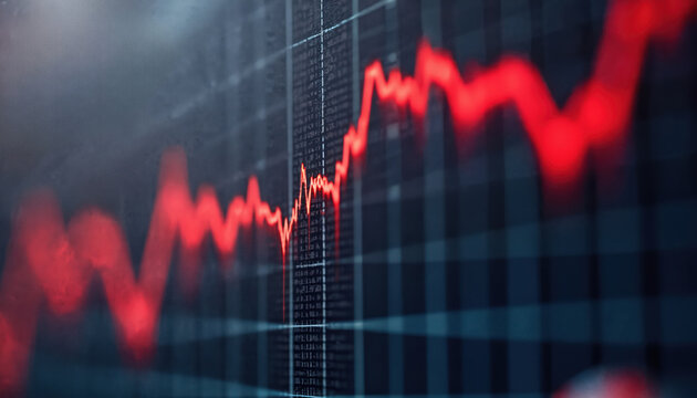 Red economic recession downturn graph financial data. Rising trend in falling market, investment risk, negative financial statistic graph analysis. Concept of financial crisis, stock market crash,