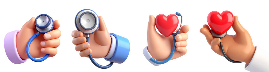 Hand holding stethoscope, hand holding heart, and hand holding heart with stethoscope, symbolizing healthcare, medical care, and heart health awareness