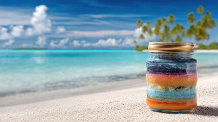 Glass jar with sand art on beach