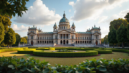 Obraz premium Historic mansion with manicured gardens and blue sky 