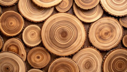 A captivating arrangement of circular wood slices, showcasing intricate wood grain patterns in warm brown tones.