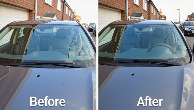 Car windshield before and after repair