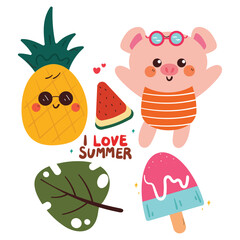 set of summer element sticker set with cartoon pig with summer food and leaf. cute summer drawing