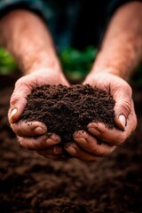 Two hands gently cradle dark, nutrient-rich soil in a garden setting, showcasing connection to nature and the importance of healthy earth for growth and cultivation