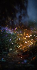 Naklejka premium A dreamy, blurred nighttime scene of a field of small purple flowers illuminated by numerous glowing particles, creating a magical, ethereal atmosphere