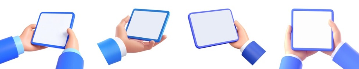 Hand holding digital tablet blank screen blue suit cartoon style isolated on white technology business modern communication creative cheerful concept