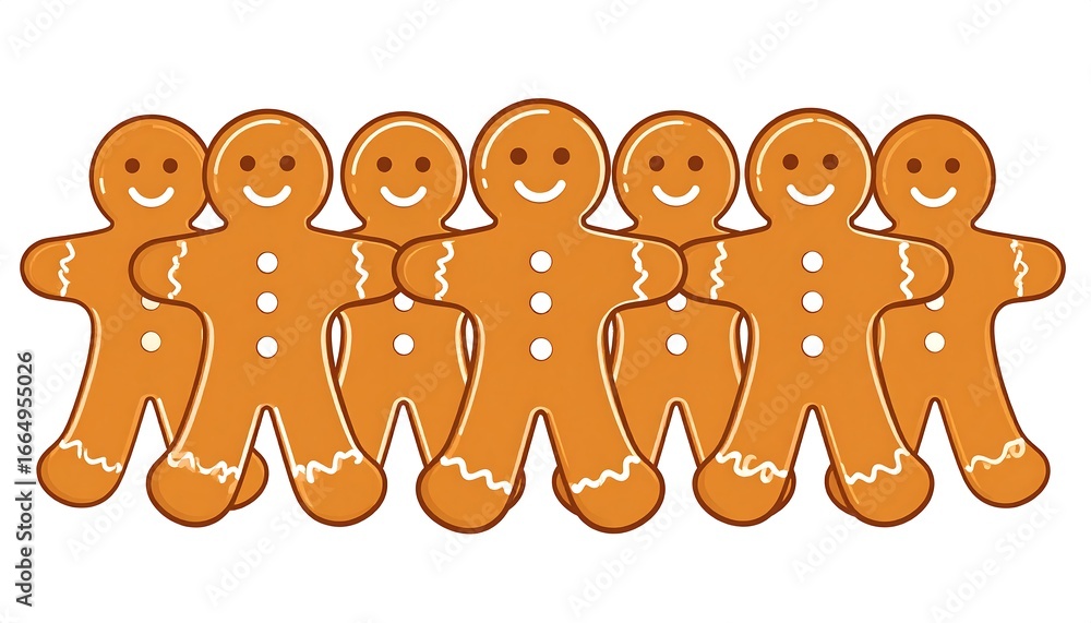 Poster a row of cheerful gingerbread men, each with a happy face, stand in perfect alignment, creating a fe