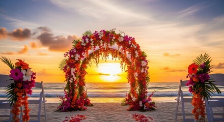 A vibrant floral arch frames a golden sunset over the ocean, creating a romantic beach wedding setting.