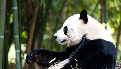 Obraz premium A profile view of a relaxed giant panda, showcasing its striking black and white fur, nestled amidst a backdrop of lush green bamboo forest.