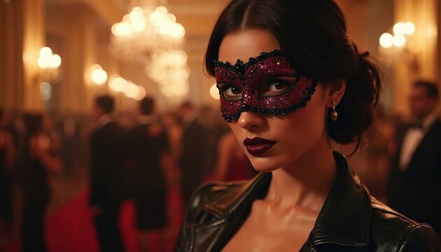 Woman in mysterious red sequin mask attends elegant masquerade ball. Wears chic black leather jacket. Event features opulent decor, blurred figures, creating sophisticated, luxurious, festive - Powered by Adobe