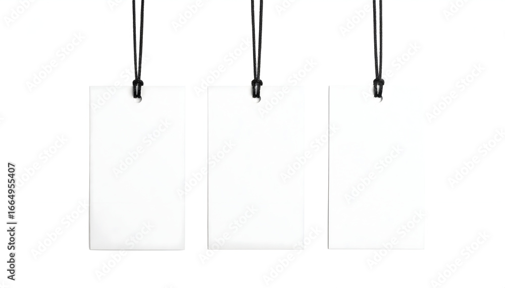 Poster three blank white rectangular price tags with black strings hanging isolated on a white background