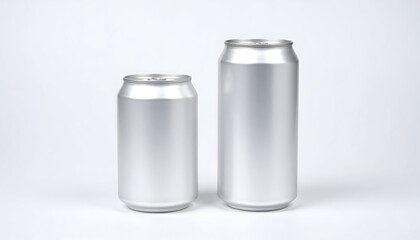 Two different-sized blank silver aluminum beverage cans isolated on a clean white studio background