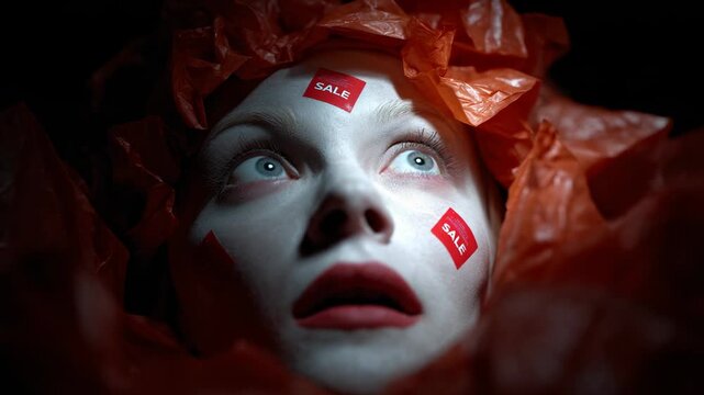 A performer embodies themes of consumerism through a haunting portrayal, surrounded by plastic and red sale stickers in a low-lit environment, provoking thought on materialism