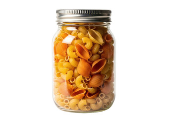Glass jar filled with mixed pasta shells and elbow macaroni food