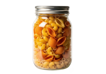 Glass jar filled with mixed pasta shells and elbow macaroni food