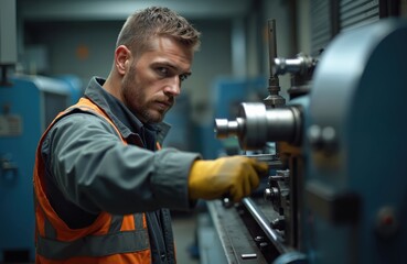 Male worker operates lathe machine at workshop. Man wears safety gloves, orange vest at factory. Metalworking, mechanical engineering, manufacturing, skill focus.