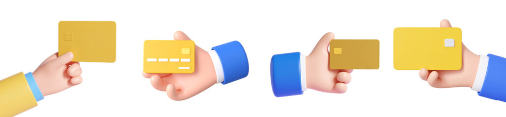 Hand holding yellow credit card cartoon style isolated on transparency background financial concept digital payment cheerful modern 3D illustration banking secure transaction