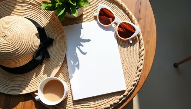 Summer vacation theme with magazine cover mock-up, hat, sunglasses, coffee cup. Tropical holiday vibes. Sunlight shadows on table, create relaxing mood. Template for advertising, design magazine,