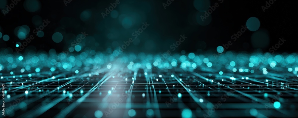Poster a glowing teal grid with light effects and bokeh lights creates a futuristic digital scene represent
