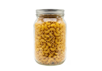 Glass jar filled with uncooked elbow macaroni pasta on a background image