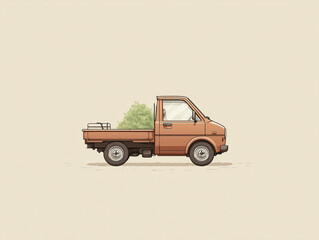 Cartoon Mini Truck Carrying Greenery on Wooden Flatbed