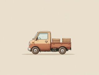 Cartoon Mini Pickup Truck with Wooden Crates on Flatbed