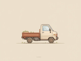 Cartoon Mini Pickup Truck with Wooden Bed and Plants