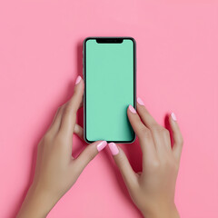 Hands Holding Smartphone with Blank Screen on Pink Background
