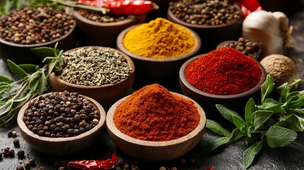 Fototapeta premium Aromatic Spices in Wooden Bowls Black Pepper, Paprika, Chili, and Turmeric
