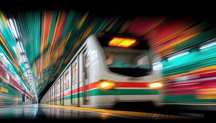 A high-speed train streaks through a vibrant, multicolored subway tunnel, motion blur emphasizing speed and energy