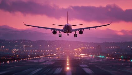 A large passenger jet descends towards a runway at twilight, city lights and distant mountains visible in the background under a vibrant pink and purple sky