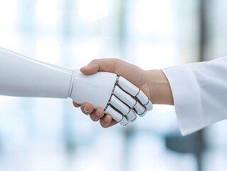 Human Hand Shaking Futuristic Robot Hand Representing Collaboration, handshake of two businessmen