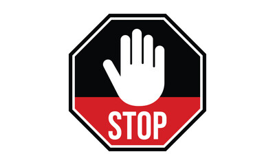 stop work warning hand symbol icon on red and black polygon vector design