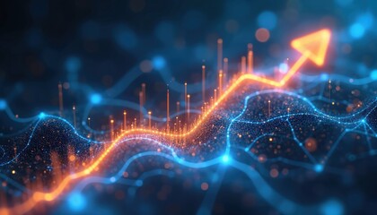 Digital graph with vibrant colors shows rising financial trend. Orange arrow points upwards, indicating growth. Dark blue background with gradient effect. Bold lines, dots create visualisation of