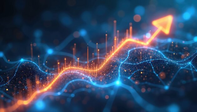 Digital graph with vibrant colors shows rising financial trend. Orange arrow points upwards, indicating growth. Dark blue background with gradient effect. Bold lines, dots create visualisation of