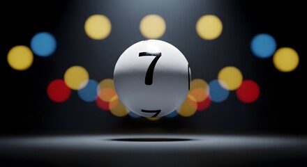 Lucky Number Seven Lottery Ball Floating with Bokeh Lights Background