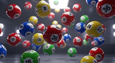 Many Colorful Lottery Balls with Numbers Floating in a Room