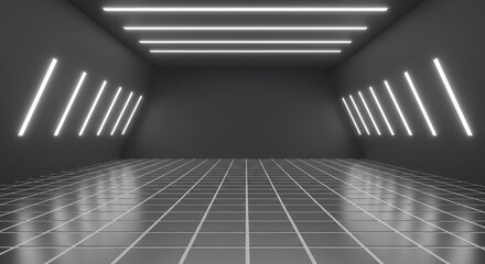 Obraz premium Dark Room with Grid Floor and Neon Lights on Walls and Ceiling.