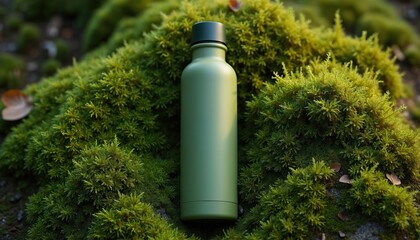 Green thermos bottle sits on rich moss in a serene natural forest setting during daylight. This reusable container promotes hydration and eco-friendly living, perfect for camping, hiking, or picnics.