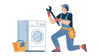 Plumber with wrench and washing machine repair illustration