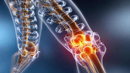 3D illustration of human spine highlighting areas of tendinitis and point pain in vertebrae. image shows inflammation and discomfort in spinal region