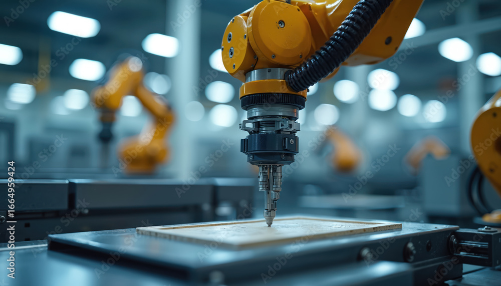 Aufkleber robotic arms in automated factory production line. industrial machines with precision tooling work o