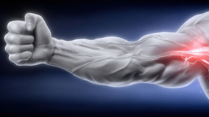 Fototapeta premium Muscular arm illustration highlighting tendinitis point with visible veins and pain concept. image shows strong forearm with tension and energy
