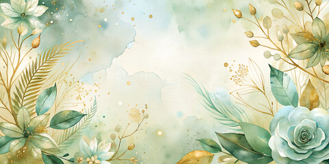 watercolor illustration featuring lush green leaves, light blue, white flowers, sparkling gold glitter, wedding invitations, greeting cards, decorative posters, social media backgrounds, sophisticated
