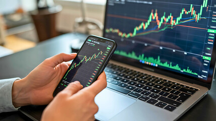 Stock Market Trading Monitoring Investments on Phone and Laptop