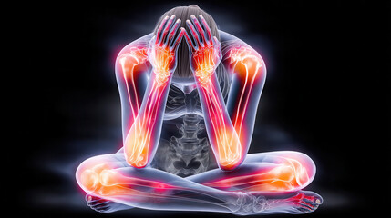 Depicts person experiencing tendinitis highlight with visible points of pain throughout body. transparent view shows inflamed areas in red, emphasizing discomfort and stress