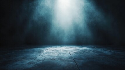 A dark, atmospheric space illuminated by a soft light, creating a moody and mysterious ambiance on the textured floor.